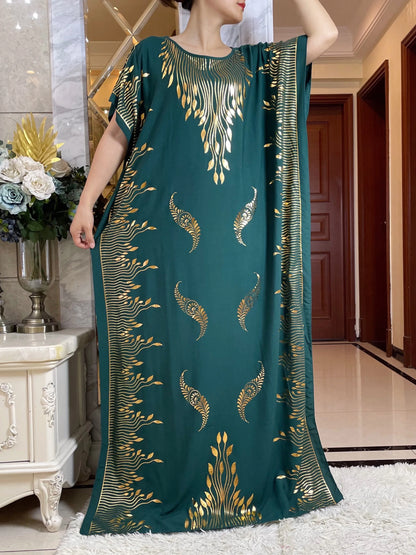 2024 sommer Kurzarm Kleid Reine Baumwolle Gold Prägung Lose Abaya Maxi Islam Kleid Mit Quasten Großen Schal Afrikanische Lange kleid