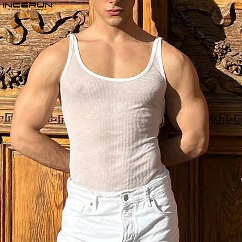 2023 männer Tank Tops Solide Oansatz Ärmellose Atmungsaktive Durchsichtig Sexy Westen Streetwear Fashion Dünne Männer Kleidung INCERUN S-5XL