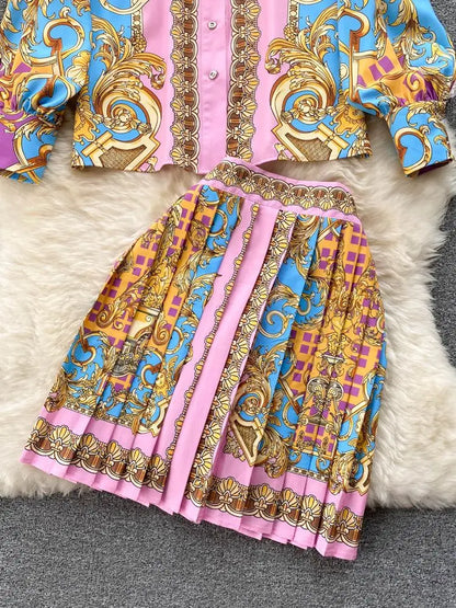 Costume d'été élégant pour femmes, manches bouffantes, revers à perles, petit haut blanc + imprimé floral, robe de bal en maille, jupes à ceinture, ensemble 2 pièces