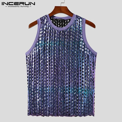 2023 männer Tank Tops Funkelnden Oansatz Ärmellose Streetwear Aushöhlen Westen Sommer Sexy Mode Party Männer Kleidung S-5XL INCERUN