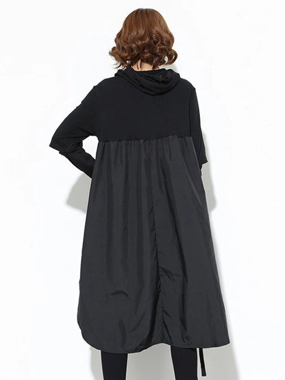 [EAM] femmes noir cordon évider grande taille robe irrégulière nouveau à capuche à manches longues mode marée printemps automne 2024 JD076