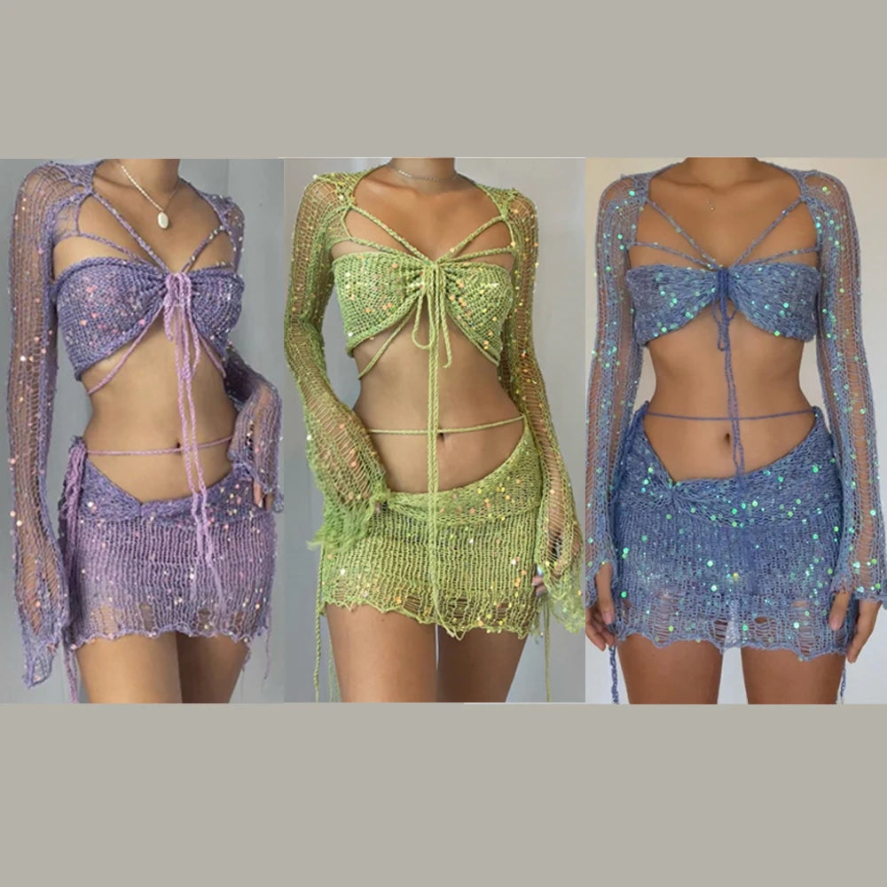 Robe tricotée au Crochet, ensemble jupe deux pièces, vêtements d'été pour femmes, haut court Sexy, robe élégante en tricot à paillettes, ensemble 2 pièces, 2023