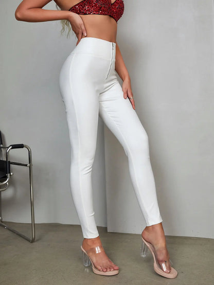 2023 frauen Mode Sexy Feste Hohe Taille Zip Vorne PU Leder Elastizität Dünne Hosen Vintage Lose Hosen Mujer