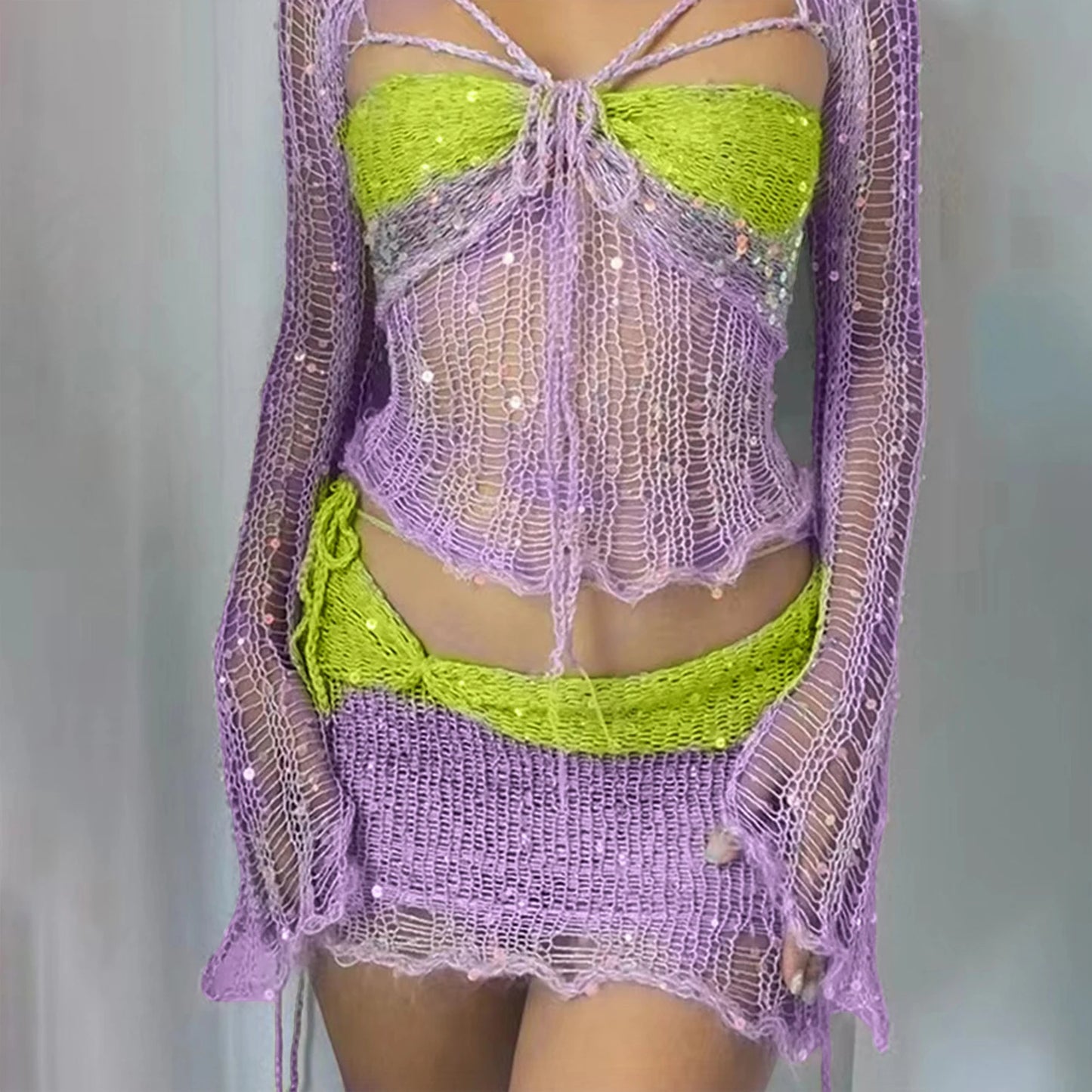 Jupe Y2K pour femmes, jupe creuse, ensemble de 3 pièces, jupe à paillettes, robes tricotées au crochet, robe d'été sexy et élégante, mini haut court