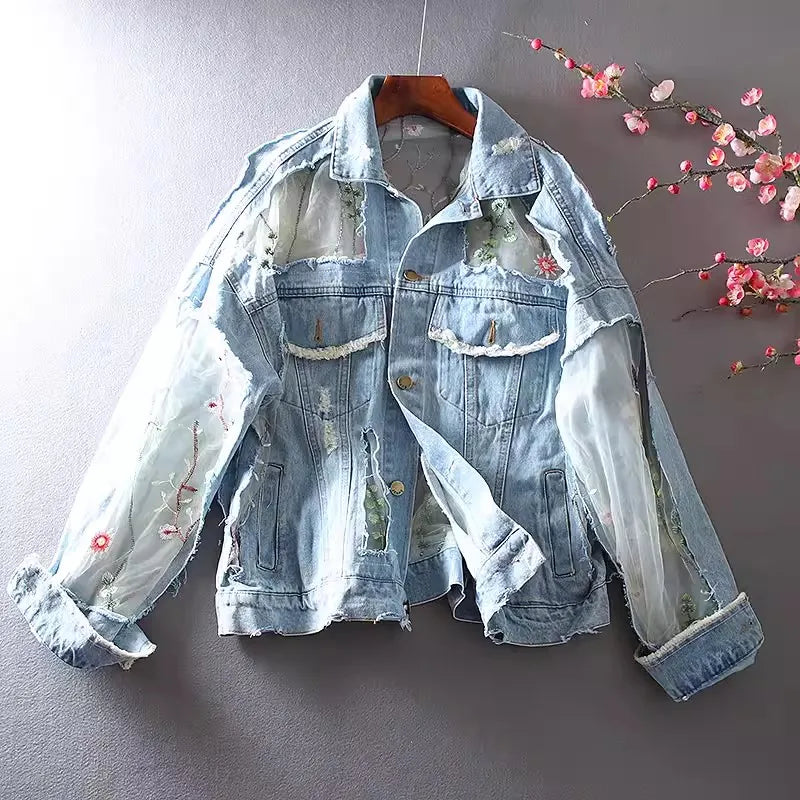 Chaquetas Mujer été printemps Streetwear broderie dentelle Patchwork Sexy veste en jean femmes effiloché gland ample jean manteau Femme