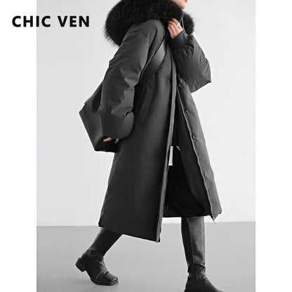 CHIC VEN – manteaux longs à capuche en duvet de canard blanc pour femme, pardessus épais et chaud, vêtements d'extérieur coréens, hiver 90, 2023