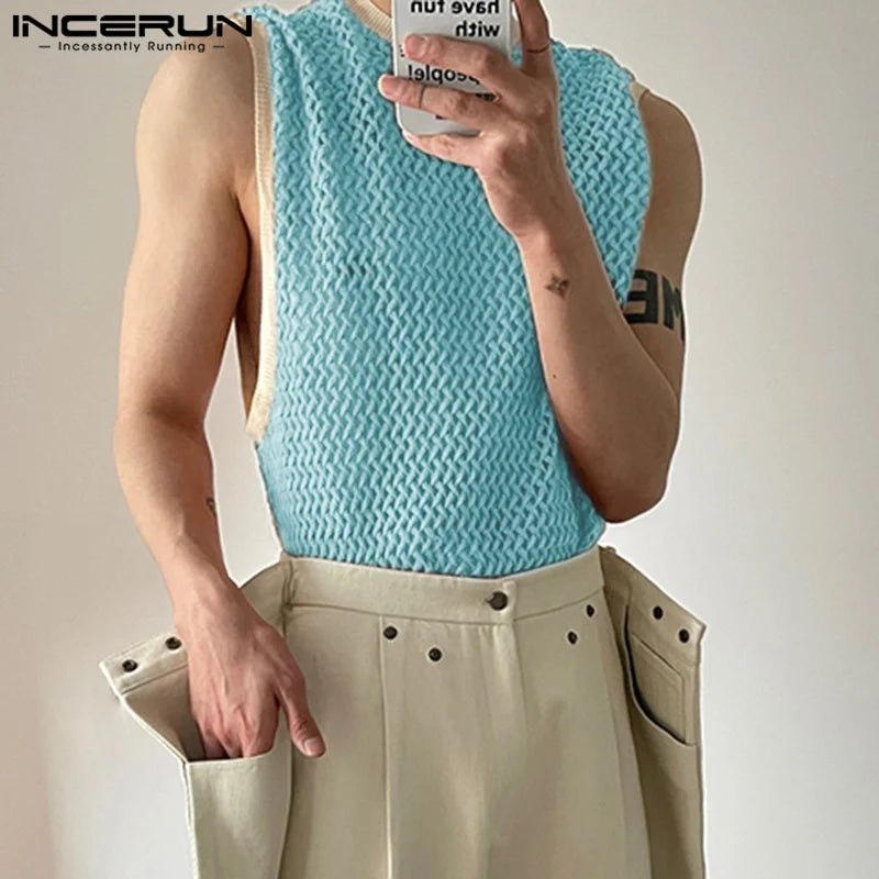 2023 männer Tank Tops Patchwork Mesh Transparente Spitze Streetwear Oansatz Ärmellose Westen Sexy Mode Männer Kleidung S-5XL INCERUN 7