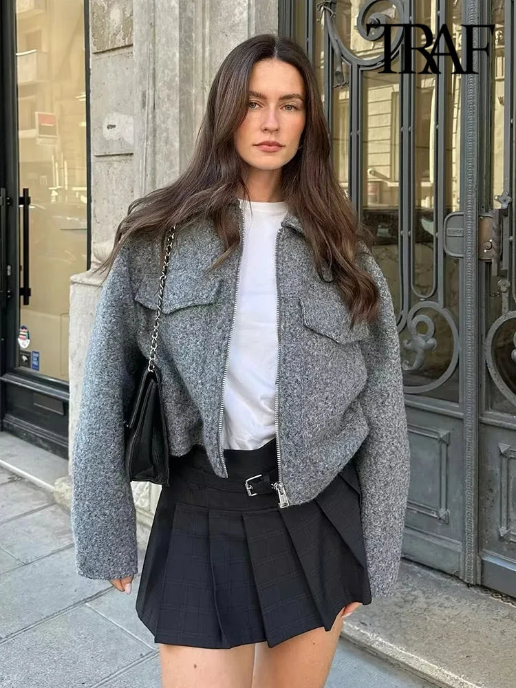 TRAF femmes mode poches plaquées avec rabats veste courte manteau Vintage à manches longues fermeture éclair sur le devant vêtements de dessus pour femmes Chic hauts