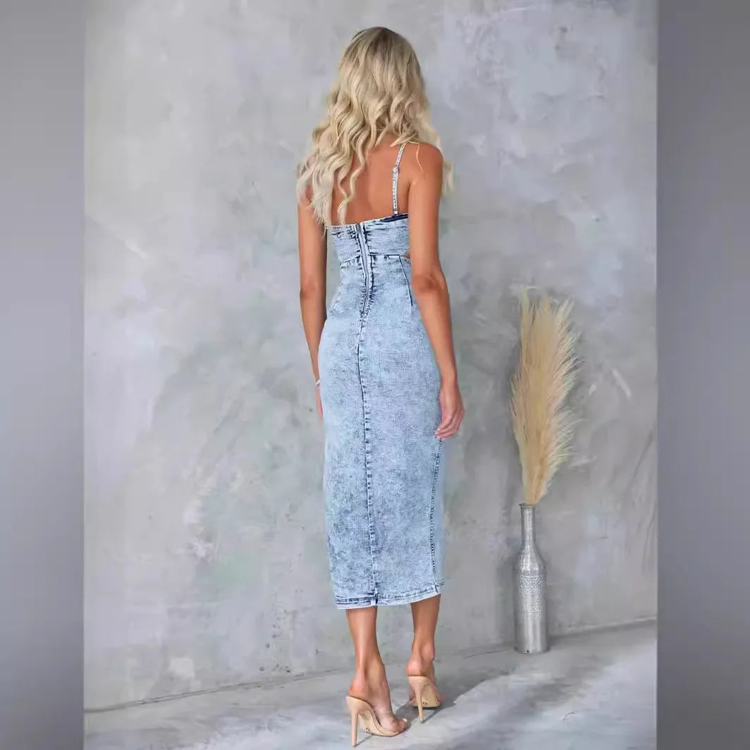 Robe en Denim Sexy pour femmes, sans manches, dos nu, ajouré, taille haute, Slim, fente pour boîte de nuit, longue, été, 2024