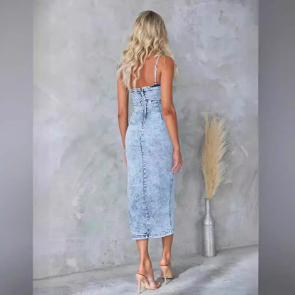 Robe en Denim Sexy pour femmes, sans manches, dos nu, ajouré, taille haute, Slim, fente pour boîte de nuit, longue, été, 2024