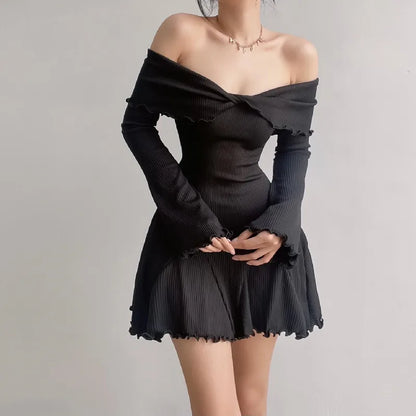 Xeemilo Sexy Low-cut Off Shoulder Dress Elegant Flare Long Sleeve Twist Knot Mini Dresses Y2K Aesthetic Agaric Edge Knit Vestido