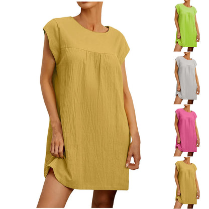 Women's Summer Casual Solid Color Short-sleeve O-neck Stitching Loose Pocket Cotton Linen Dress vestidos para mujer 신상원피스