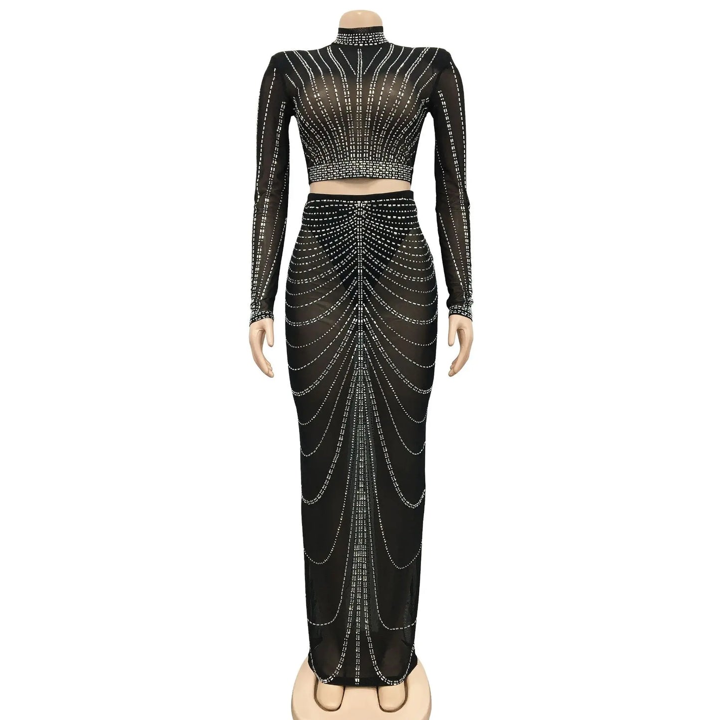 Robe Maxi moulante en maille à manches longues, élégante, strass scintillants, pour robe d'anniversaire, Sexy, Club, ensemble deux pièces, tenues pour femmes, 2023