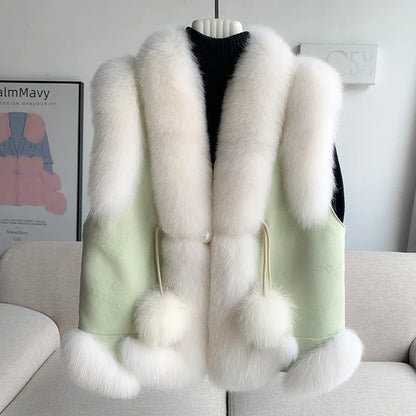 2024 Women Real Fox Fur Winter Vest Female Warm Duck Down Lining Coat New Jacket CT303