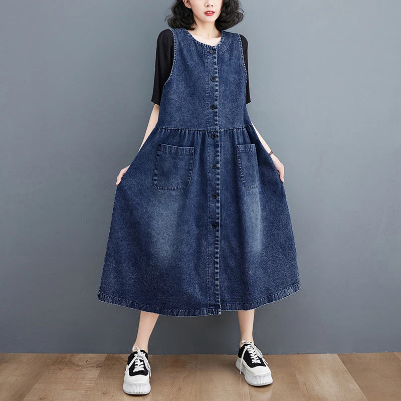 Denim Dresses Vest Women Summer Loose Sleeveless Jean Dress A Line V-neck Dress Female Vestidos Spaghetti Sundress DW823