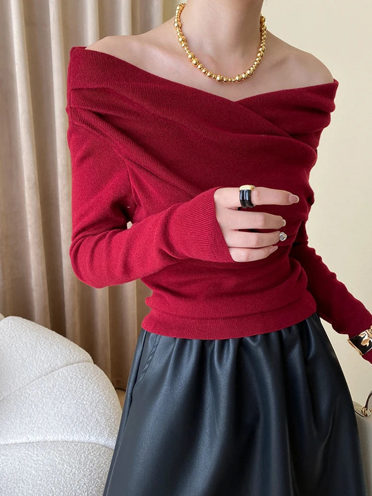 [EAM] Apricot Pleated Elegant Knitting Sweater Slash Neck Long Sleeve Women Pullovers New Fashion Spring Autumn 2024 1DH0916