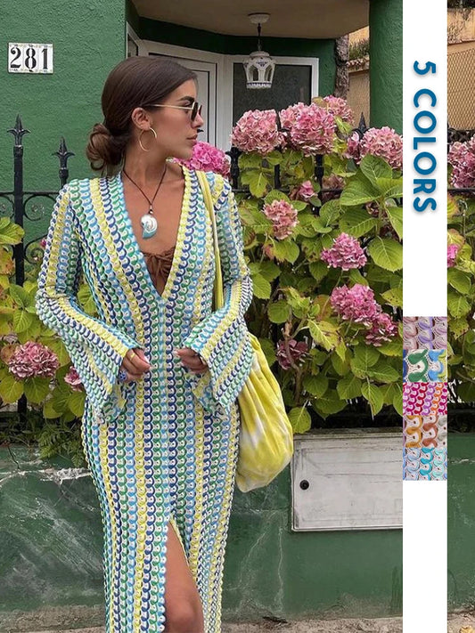 Robe Maxi style bohémien pour femmes, décolleté en V profond, décontractée, élégante, col rond, droite, évasée, manches longues, mode, Sexy, Robe de soirée, vacances