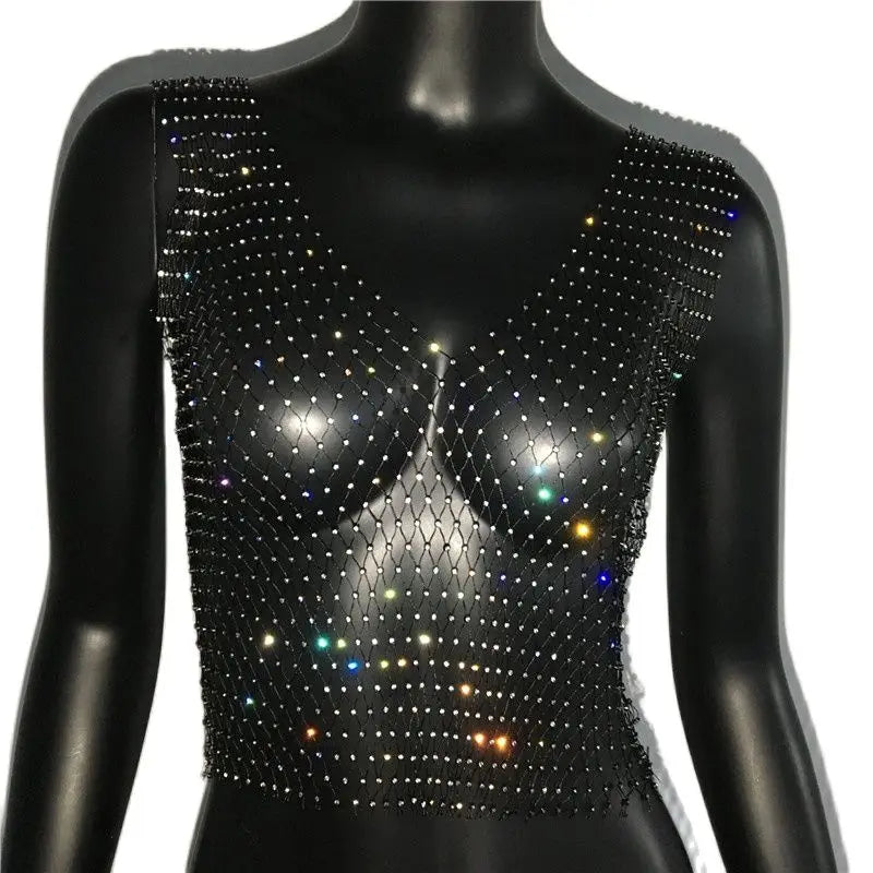 Damen Fishnet Strass Crop Top 2023 Sommer Sexy Mesh Hochelastisch Schwarz Weiß Shirt Netz Durchsichtig Rave Diamant Tank Top