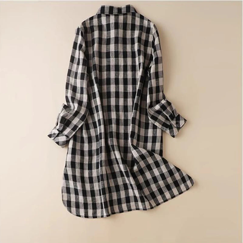 Black Plaid Vintage Cotton Linen Loose Turn-down Collar Women's Dress Korean Fashion Long Sleeve Knee Length Dresses For Women