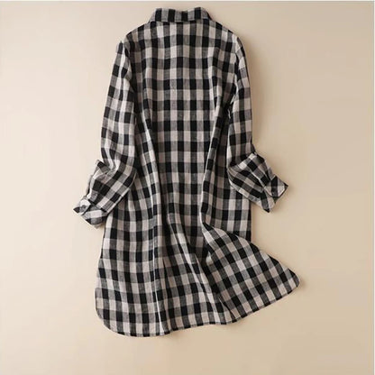 Black Plaid Vintage Cotton Linen Loose Turn-down Collar Women's Dress Korean Fashion Long Sleeve Knee Length Dresses For Women