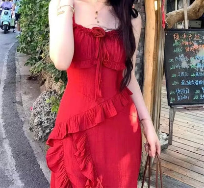 2024 neue Rote Kleid Frauen Sommer Mode Trend Volants Rand Unregelmäßigen Sexy Party Strand Urlaub Fee Kleid