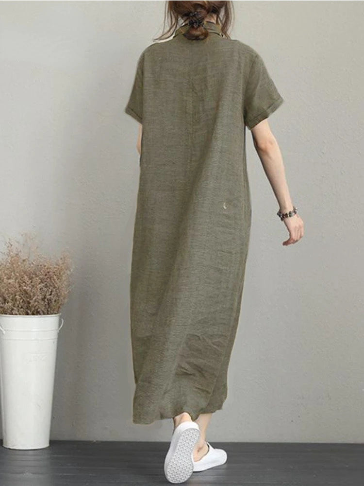 Summer Dress Women Cotton Linen Vintage Casual Loose Oversie Lapel Short-sleeved Dress New In Mid-length Long Dress for Women