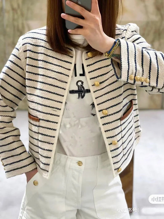 Women's Clothing  Luxury High Quality Striped Jacket  Autumn Winter New 0118