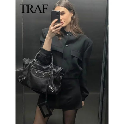 TRAF – veste bombardier Vintage à manches longues pour femmes, manteaux décontractés, couleur unie, Streetwear, élégant, revers, fermeture éclair, printemps, 2023