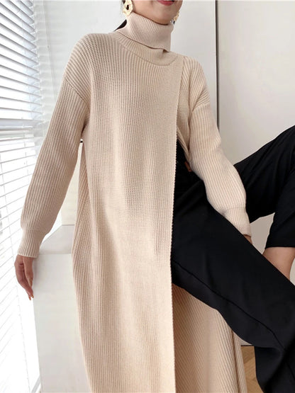 [EAM] Vent Long Knitting Sweater Loose Fit Turtleneck Long Sleeve Women Pullovers New Fashion Tide Autumn Winter 2024 1DA357