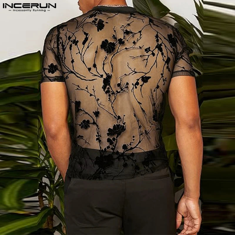 2023 männer T Shirt Mesh Gestreiften Oansatz Kurzarm Transparent Männer Kleidung Streetwear Sexy Koreanische Mode T Tops S-5XL INCERUN