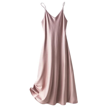 100% Silk 2023 Summer Women's New V-neck Slim Dress Satin Ladies Sexy Suspender Dress Long Dress