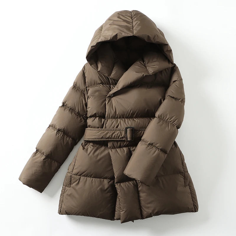 2023 Winter Damen Daunenjacken Ultraleichter warmer Freizeitmantel Damen Pufferjacke mit Gürtel Übergröße Parka mit Kapuze