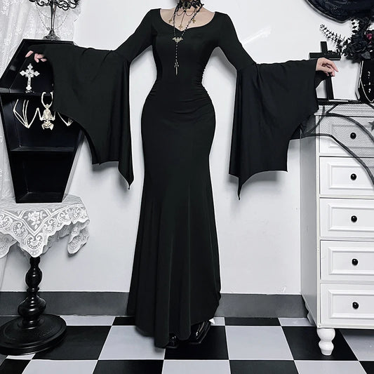 Robe sirène gothique à manches chauve-souris pour femmes de la famille Addams