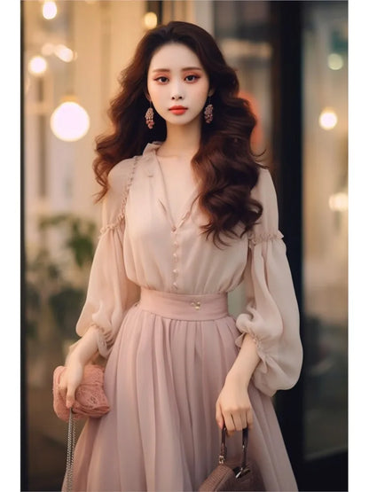 Women's Two-piece Shirt Skirt Set Autumn New Style Fashion Suit V-neck Shirts+Elastic Midi Skirts Pink Chiffon Elegant Clothing