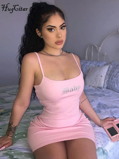 Hugcitar Pink Slip Sequined Letter Print Sexy Mini Dress 2023 Summer Women Fashion Streetwear Stretchy Y2K Outfits Romper