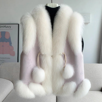 2024 Women Real Fox Fur Winter Vest Female Warm Duck Down Lining Coat New Jacket CT303