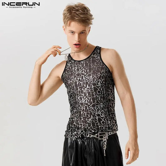 2023 männer Tank Tops Mesh Transparent Druck Oansatz Sexy Ärmellose Mode Westen Fitness Streetwear Shiny Männer Kleidung INCERUN