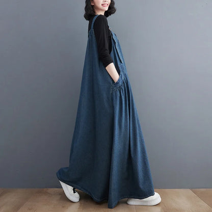 2024 neue Frauen Mode Frühjahr Herbst Lange Kleid Retro Lose Abnehmen Denim Hosenträger Rock Kleider Lange Große Schaukel Kleid y2k