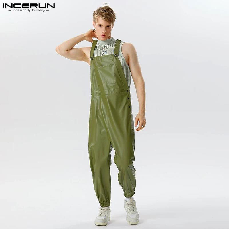 2023 männer Overalls Faux Leder Solide Ärmellose Streetwear Hosenträger Strampler Taschen Lose Mode Lässig Männlich Overalls INCERUN