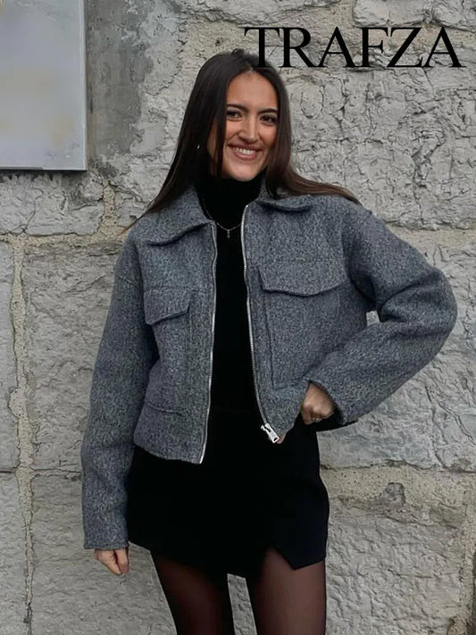 TRAFZA automne gris femme Bouclé veste courte manteau manches longues poche fermeture éclair col Polo veste haut court manteau Y2k