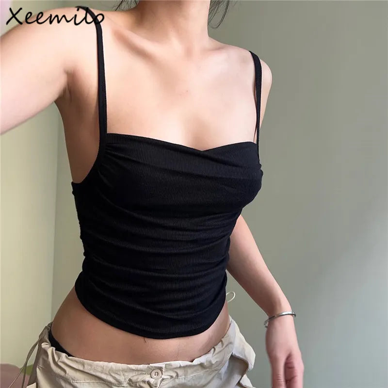 Xeemilo Spaghetti Straps Ruched Tank Top Casual All-matching Low-cut Backless Crop Tops 2023 Simple Underwear Bodycon Corsets