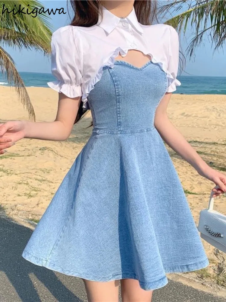 Sommerkleid Anzug Mode Zweiteiler Set für Frauen Süße Rüschen Weiß Crop Tops Schlanke Denim Sling Kleid Sets Koreanische Y2k Kleidung