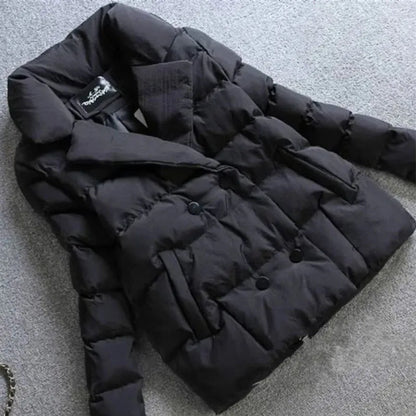 Damen Daunen-Baumwolljacke Winter Kurzmantel Verdicken Oberbekleidung Umlegekragen Zweireihig Warme Oberteile Weibliche Schlanke Baumwolljacke