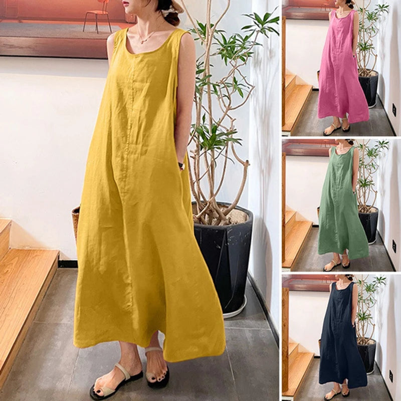 Sommerkleid aus Baumwollleinen mit langen Ärmeln und großen Taschen, lässig, lockeres Temperament, ärmellos, koreanische Version von Damen, schlicht, Übergröße