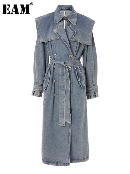 [EAM] Women Blue Denim Big Size Long Trench New Lapel Long Sleeve Loose Fit Windbreaker Fashion Tide Spring Autumn 2024 17A4709