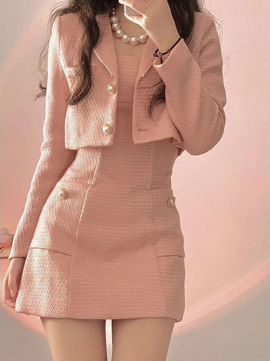 Autumn Pink Elegant Two Piece Set Women Korean Style Balzer Coat+Strap Mini Dress Set Female Solid Casual Slim Designer Set 2024