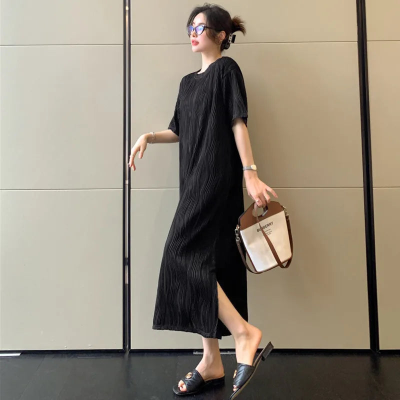 #6171 Black Pleated Long T Shirt Dress Short Sleeve Loose Streetwear Ladies Dresses O-neck Preppy Style Straight Tshirt Dress