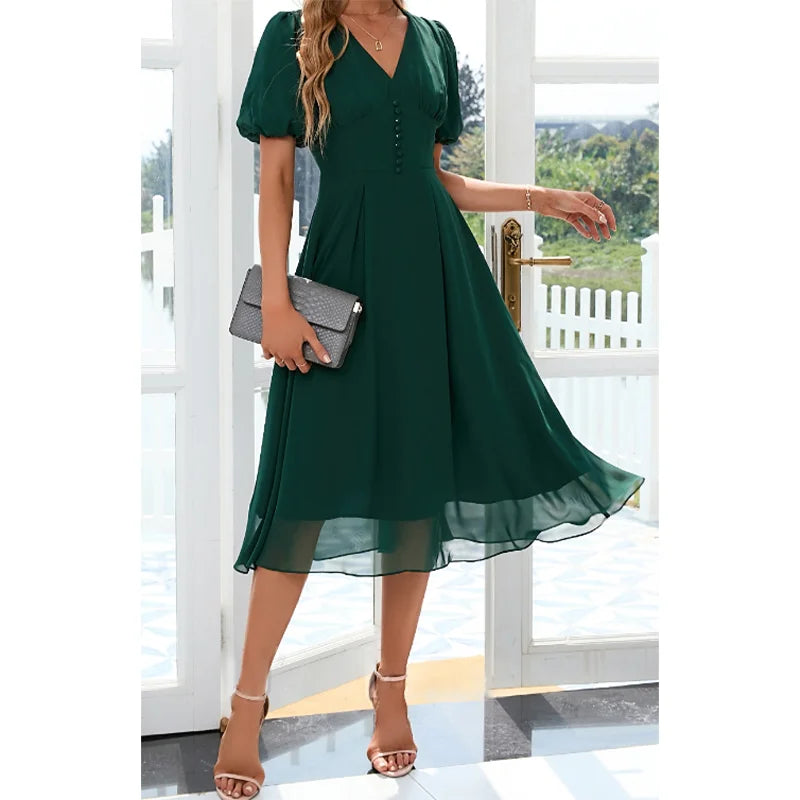 Femmes grande taille Chic robe col en v élégant a-ligne en mousseline de soie robes mi-longues lanterne manches décontracté fête robe d'été robes