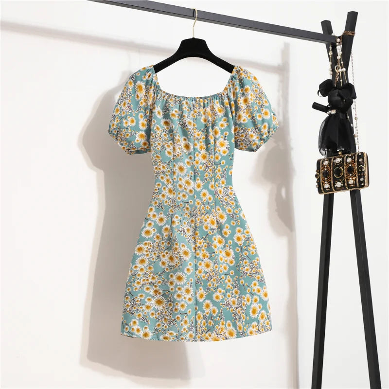 Damen Minikleider Sommermode Damen Vestidos Print Floral Chiffon Kleider Raffen Plissee Short Puffy Sleeve Casual Dress