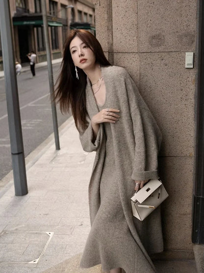 2023 New Women's Autumn and Winter Thickened Comfortable Loose Long Sweater Jacket Knitted Dress Two Piece Autumn and Winter Set